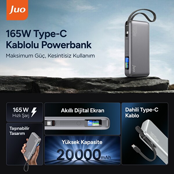 Juo 20000 mAh 165W LED Ekranlı USB-A Type-C Kablolu Taşınabilir PD Hızlı Şarj Cihazı Powerbank