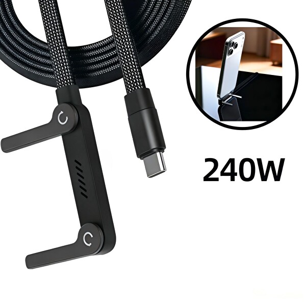 Dossimo 240W Ultra Hızlı Type-C Şarj Data Kablosu Katlanabilir Standlı 1.5 M Örgülü 2 In 1 Stand - Şarj Kablosu