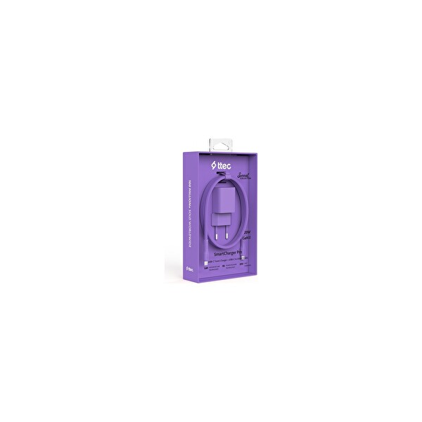 Ttec Smartcharger Gan 20W Pd Seyahat Hızlı Şarj Aleti + USB-C - USB-C 3A Kablo Neon Neon Mor