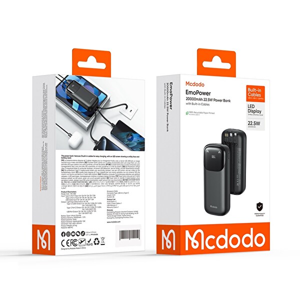 Mcdodo MC-8530 20.000 mAh 22.5W PD QC Hızlı Şarj Dijital Göstergeli Çoklu Kablolu Powerbank