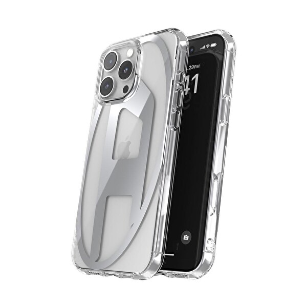 Diesel iPhone 16 Pro Max Uyumlu Oval D Mirror Şeffaf Kılıf - Şeffaf/Gümüş