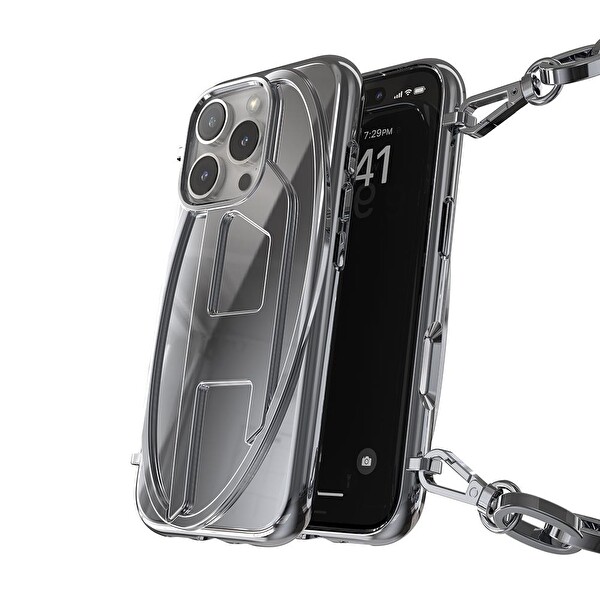 Diesel iPhone 16 Pro Uyumlu Oval D Parlak Zincirli Kılıf - Gümüş