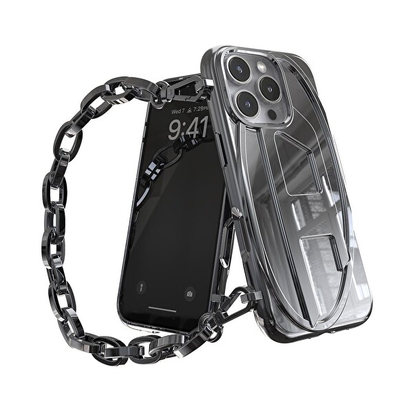 Diesel iPhone 16 Pro Uyumlu Oval D Parlak Zincirli Kılıf - Gümüş