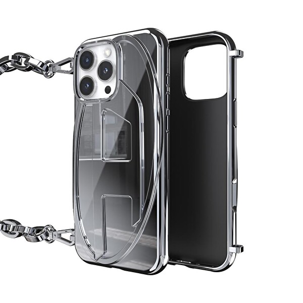 Diesel iPhone 16 Pro Max Uyumlu Oval D Parlak Zincirli Kılıf - Gümüş