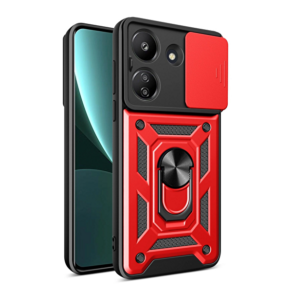Xiaomi Redmi 13C Kılıf Pars Lens Yüzüklü Silikon - Kırmızı TdrTR