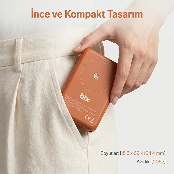 Bix PB121 25W Qi2.2 Kablosuz Magsafe PD 3.0 10000mAh Semi-Solid Bataryalı USB-C Kablolu Powerbank Turuncu