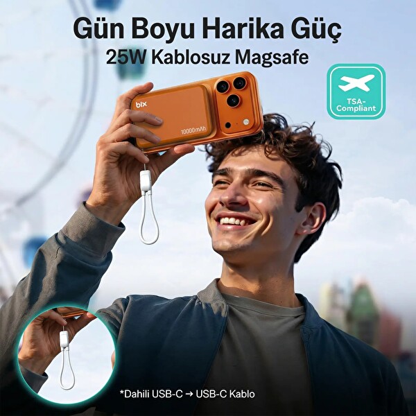 Bix PB121 25W Qi2.2 Kablosuz Magsafe PD 3.0 10000mAh Semi-Solid Bataryalı USB-C Kablolu Powerbank Turuncu