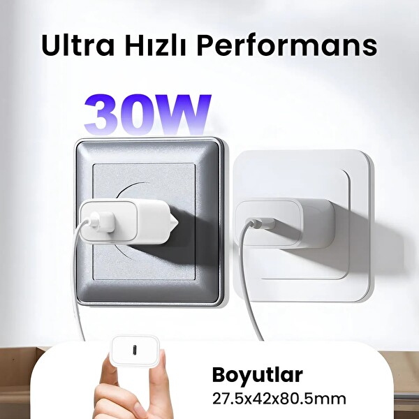 Bix BXPD32 30W iPhone ve Android Uyumlu USB-C PD 3.0 Akım Korumalı Hızlı Şarj Adaptörü