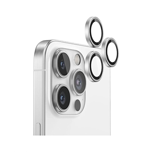 Bix iPhone 16 Pro - 16 Pro Max Safir Lens Koruyucu 3D Kamera Camı 9H Premium Lens Kapağı Beyaz Titanyum