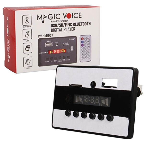 MagicVoice MV-14907 USB-SD-AUX-Bluetooth Kumandalı Ekranlı Oto Teyp Çevirici Dijital Player Board