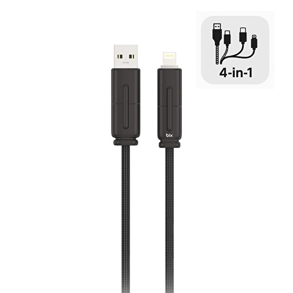 Bix BX4IN1C 65W USB-A ve Type-C ve Lightning Çok Fonksiyonlu Örgülü 1.2 M Şarj ve Data Kablosu Siyah