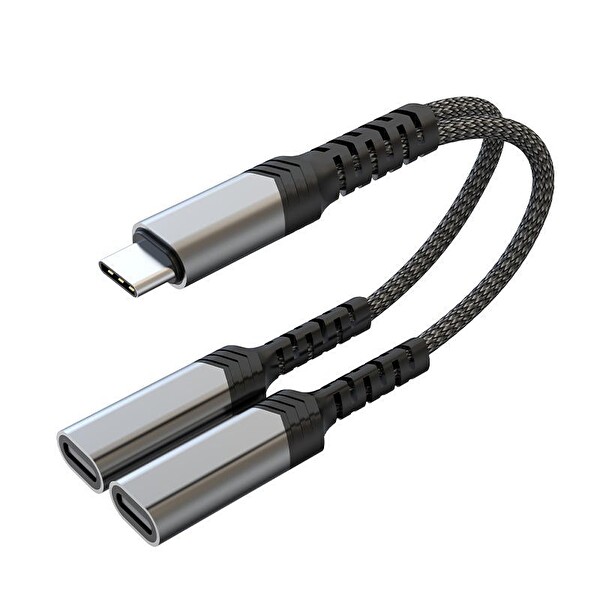 Hadron GJ-015 Type-C + 2 x Type-C Dişi Hızlı Şarj - Kulaklık Kablosu Siyah
