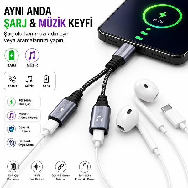 Hadron GJ-015 Type-C + 2 x Type-C Dişi Hızlı Şarj - Kulaklık Kablosu Siyah
