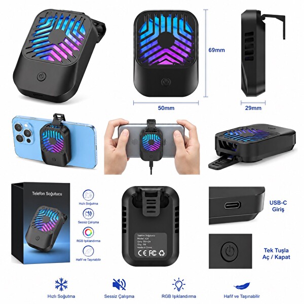 Hadron HDX4389 Klipsli Dahili Bataryalı Led Işıklı Telefon Soğutucu Fan