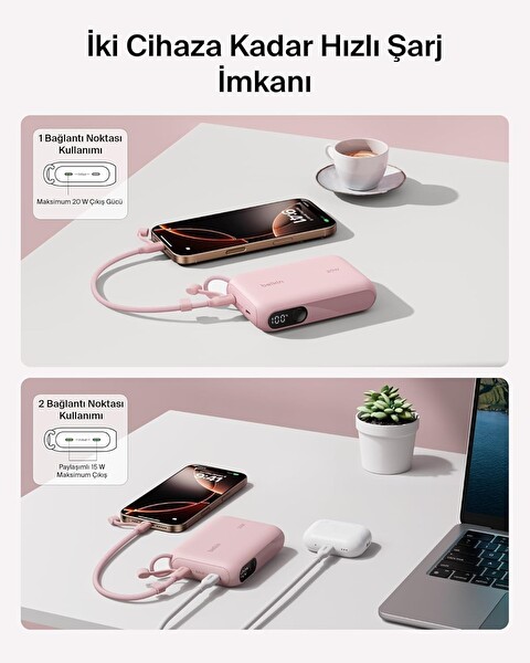 Belkin BoostCharge Dijital Ekranlı 10000 mAh 20W Hızlı Şarj Powerbank Pembe