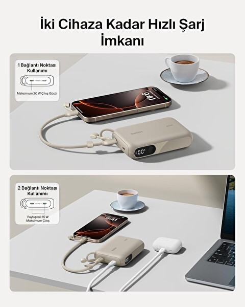 Belkin BoostCharge Dijital Ekranlı 10000 mAh 20W Hızlı Şarj Powerbank Kum Beji