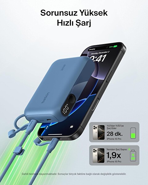 Belkin BoostCharge Dijital Ekranlı 10000 mAh 20W Hızlı Şarj Powerbank Mavi