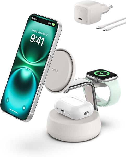 Belkin UltraCharge Pro MagSafe Uyumlu 3'ü 1 Arada Qi2 25W Kablosuz Şarj Cihazı Beyaz