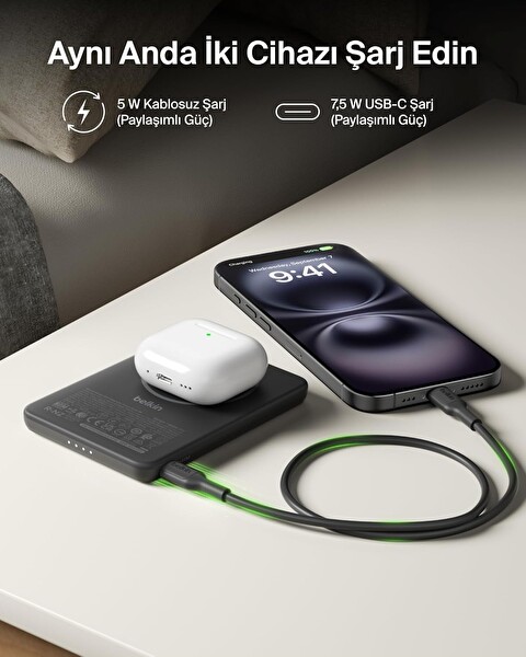 Belkin BoostCharge Slim MagSafe Qi 7.5W 5000 mAh Powerbank Siyah
