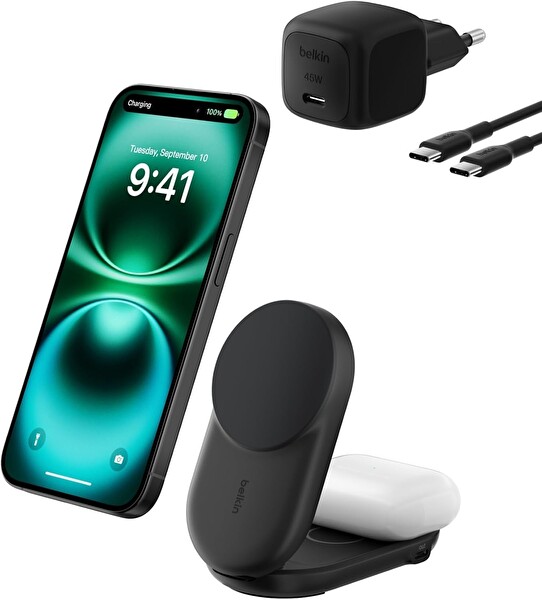 Belkin UltraCharge MagSafe Uyumlu 2'si 1 Arada Qi2 25W USB-C Portlu 45W Adaptör Kablosuz Şarj İstasyonu Siyah