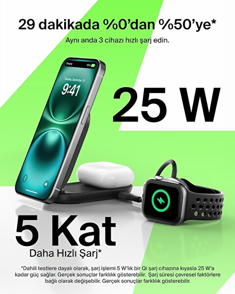 Belkin UltraCharge MagSafe Uyumlu 2'si 1 Arada Qi2 25W USB-C Portlu 45W Adaptör Kablosuz Şarj İstasyonu Siyah