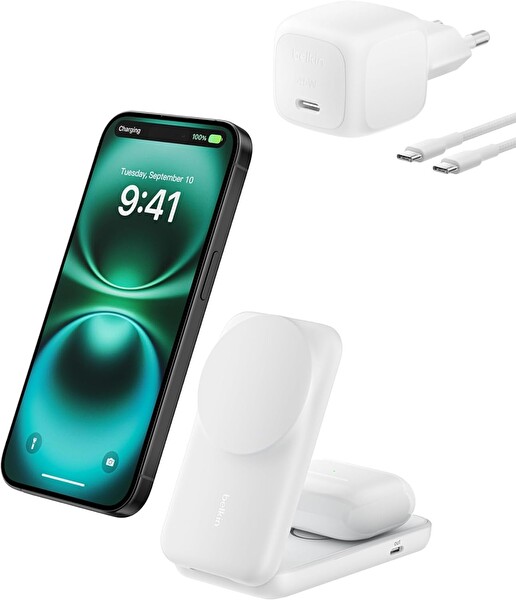 Belkin UltraCharge MagSafe Uyumlu 2'si 1 Arada Qi2 25W USB-C Portlu 45W Adaptör Kablosuz Şarj İstasyonu Beyaz