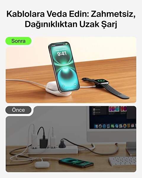 Belkin UltraCharge MagSafe Uyumlu 2'si 1 Arada Qi2 25W USB-C Portlu 45W Adaptör Kablosuz Şarj İstasyonu Beyaz
