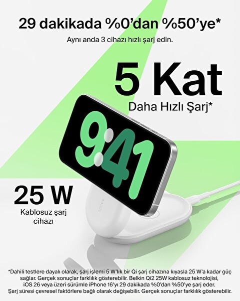 Belkin UltraCharge MagSafe Uyumlu 3'ü 1 Arada Qi2 25W 45W Adaptör Beyaz Kablosuz Şarj Cihazı
