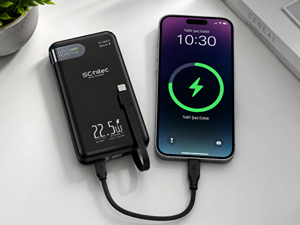 Schitec HG/PB-101 10000mAh 22.5W Şarjlı Dahili Type-C ve Lightning Kablolu Dijital Göstergeli Powerbank
