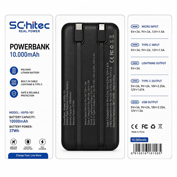 Schitec HG/PB-101 10000mAh 22.5W Şarjlı Dahili Type-C ve Lightning Kablolu Dijital Göstergeli Powerbank