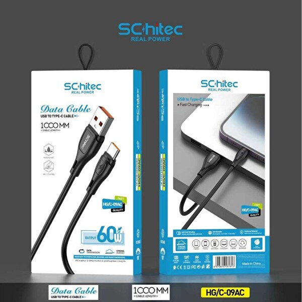 ScHitec HG/C-09AC USB-A to Type-C 60W Hızlı Şarj ve Data Kablosu 1M Siyah