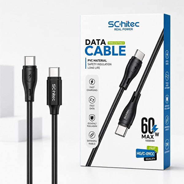 ScHitec HG/C-09CC 60W Type-C to Type-C 1M Şarj ve Data Kablosu Siyah