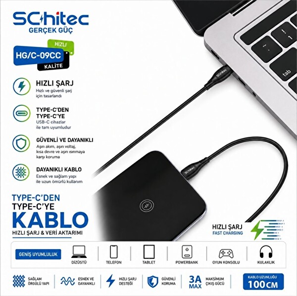 ScHitec HG/C-09CC 60W Type-C to Type-C 1M Şarj ve Data Kablosu Siyah