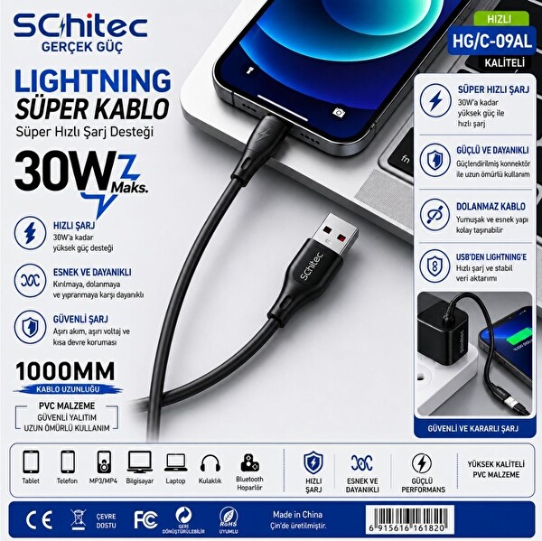 ScHitec HG/C-09AL USB-A to Lightning 30W Hızlı Data ve Şarj Kablosu 1M Siyah