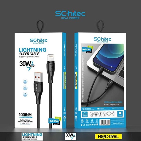 ScHitec HG/C-09AL USB-A to Lightning 30W Hızlı Data ve Şarj Kablosu 1M Siyah