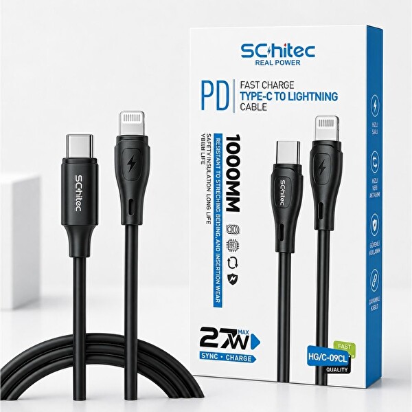ScHitec HG/C-09CL Type-C to Lightning 27W PD 1M Siyah Şarj ve Data Kablosu