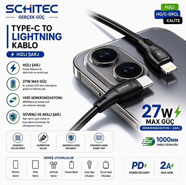 ScHitec HG/C-09CL Type-C to Lightning 27W PD 1M Siyah Şarj ve Data Kablosu