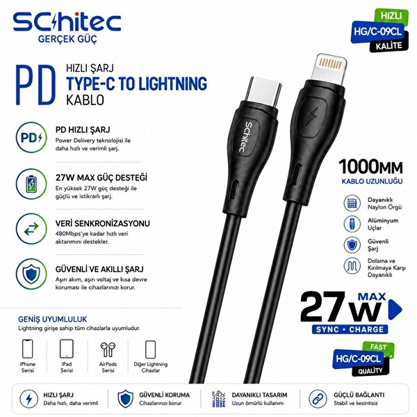 ScHitec HG/C-09CL Type-C to Lightning 27W PD 1M Siyah Şarj ve Data Kablosu