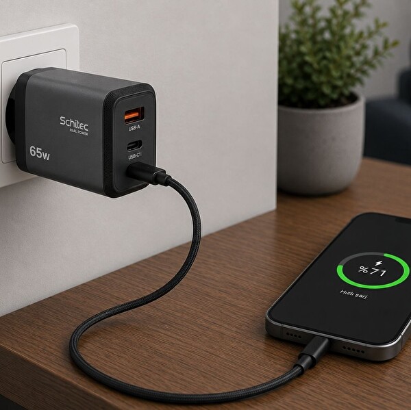ScHitec HG/TA-56EU 65W GaN 3 Çıkışlı 2xType-C -USB-A QC 3.0 Şarj Adaptörü Başlığı