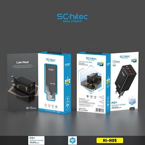 Schitec GaN 65W Ultra Hızlı Şarj Cihazı 3 Çıkışlı USB-A 2 x Type-C Hızlı Şarj Aleti Başlığı Hi-H05