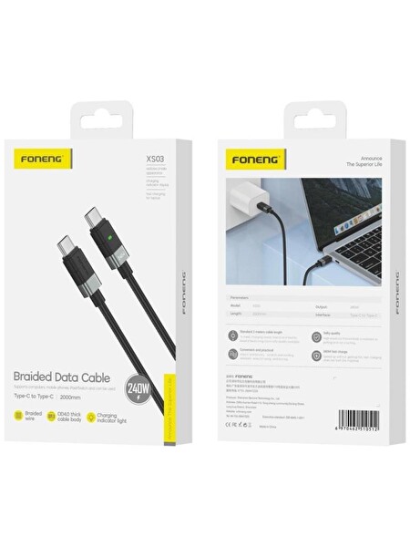 Foneng XS03 Typec to Typec 240W Siyah 2M Şarj Kablosu
