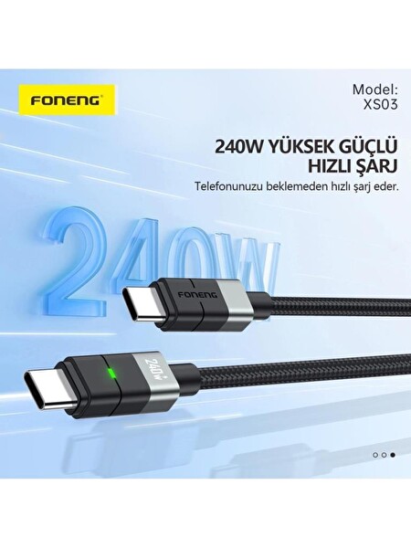 Foneng XS03 Typec to Typec 240W Siyah 2M Şarj Kablosu