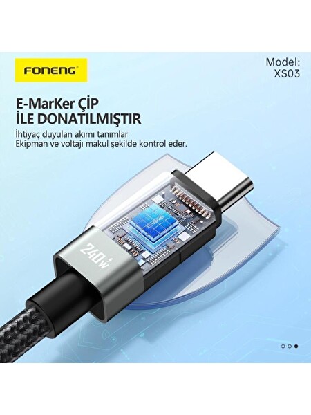 Foneng XS03 Typec to Typec 240W Siyah 2M Şarj Kablosu
