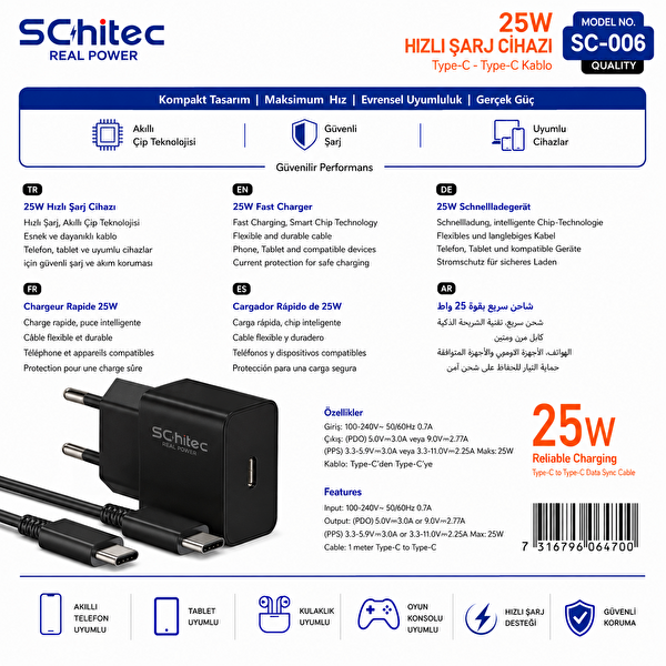 ScHitec 25W Type-C Çıkışlı Hızlı Şarj Aleti Type-C to Type-C Kablolu Set Siyah SC006