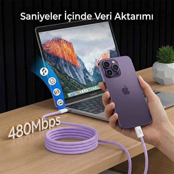 Bix T4CC 65W Type-C to Type-C Örgülü Manyetik Tasarım Hızlı Şarj ve Data Kablosu 1 M Mavi