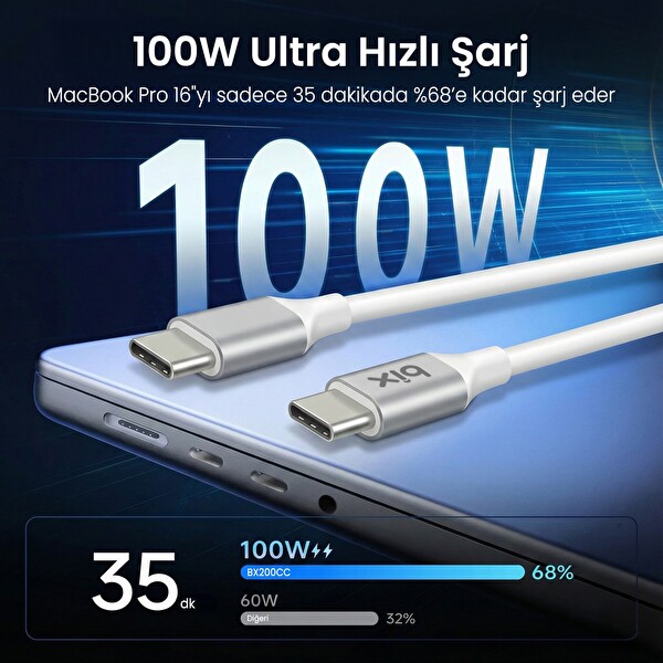 Bix BX200CC 100W 5Gbps E-Mark Çipli Type-C to Type-C Yüksek Hızlı Şarj ve Data Kablosu 2 M Beyaz