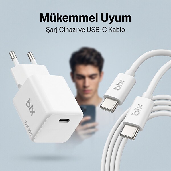 Bix BX1P32G GaN 30W iPhone - Android Uyumlu USB-C PD Hızlı Şarj Cihazı ve 1.2 Metre 3A Type-C Kablo Beyaz