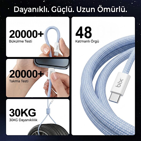 Bix T4CC 65W Type-C to Type-C Örgülü Manyetik Tasarım Hızlı Şarj ve Data Kablosu 1 M Turuncu