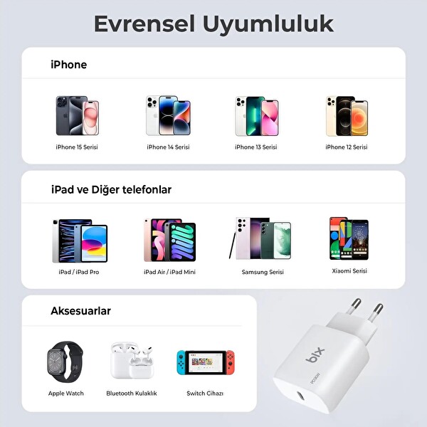 Bix BXPD22C 20W Type-C PD 3.0 Akım Korumalı Hızlı Şarj Adaptörü ve 5A Type-C Şarj Kablosu 1 Metre
