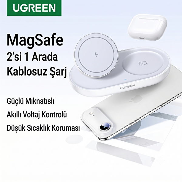 Ugreen 95832 W501 2 in 1 20W MagSafe Manyetik Kablosuz Şarj Cihazı Beyaz